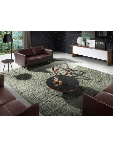 Mesa rincón redonda mármol porcelánico y acero negro