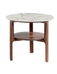 Mesa rincón redonda mármol porcelánico y nogal