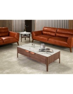 Mesa rincón redonda mármol porcelánico y nogal 2