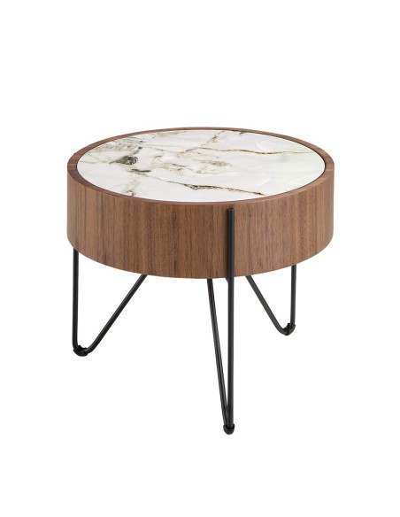 Mesa rincón redonda mármol porcelánico, nogal y acero negro