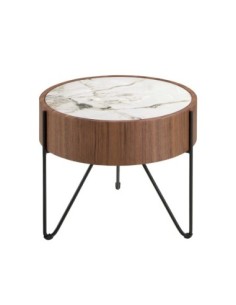 Mesa rincón redonda mármol porcelánico, nogal y acero negro 2