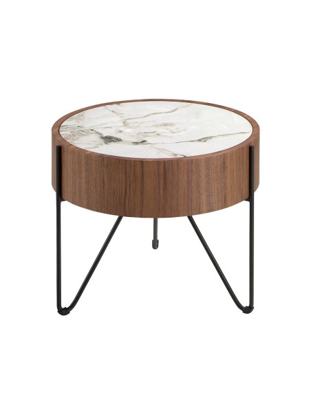 Mesa rincón redonda mármol porcelánico, nogal y acero negro