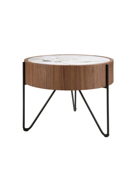 Mesa rincón redonda mármol porcelánico, nogal y acero negro