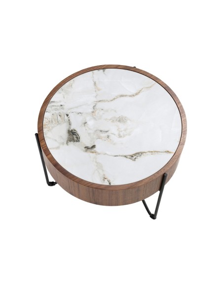 Mesa rincón redonda mármol porcelánico, nogal y acero negro