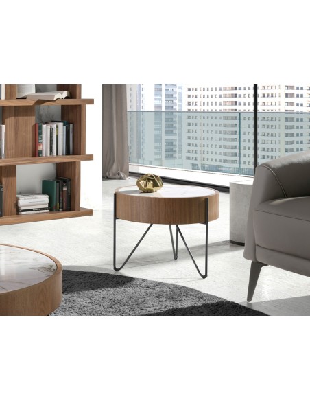 Mesa rincón redonda mármol porcelánico, nogal y acero negro