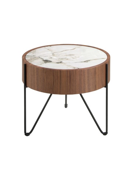 Mesa rincón redonda mármol porcelánico, nogal y acero negro