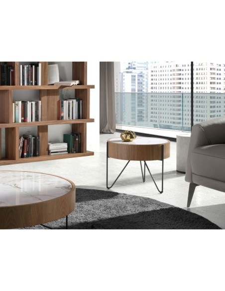 Mesa rincón redonda mármol porcelánico, nogal y acero negro