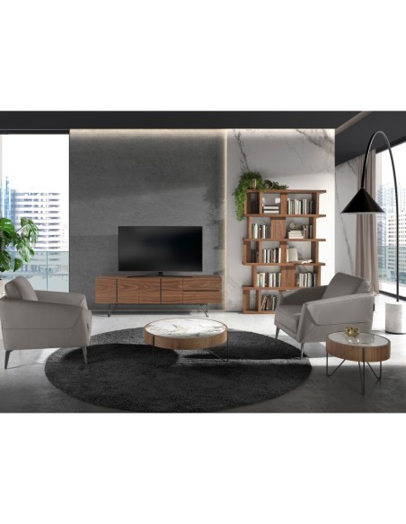 Mesa rincón redonda mármol porcelánico, nogal y acero negro