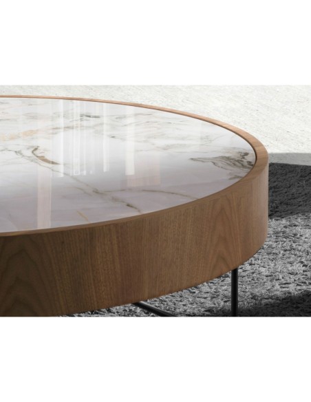 Mesa rincón redonda mármol porcelánico, nogal y acero negro