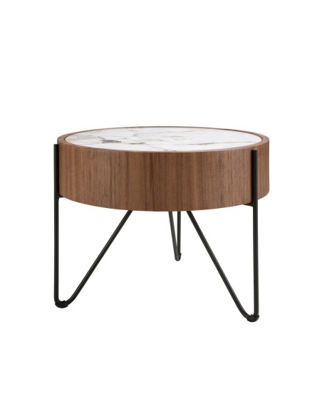 Mesa rincón redonda mármol porcelánico, nogal y acero negro