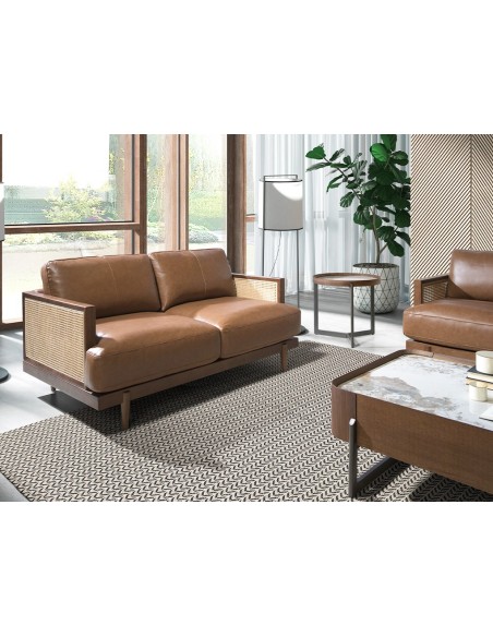 Mesa rincón redonda mármol porcelánico, nogal y acero visón metal