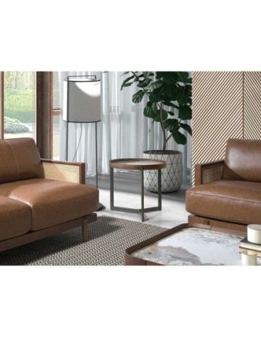 Mesa rincón redonda mármol porcelánico, nogal y...