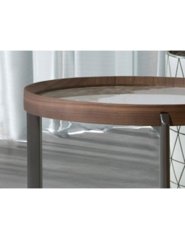 Mesa rincón redonda mármol porcelánico, nogal y...