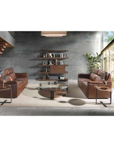 Mesa rincón redonda nogal y acero negro