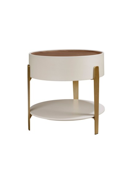 Mesa rincón redonda nogal, madera beige y acero pulido dorado