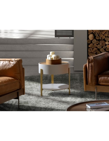 Mesa rincón redonda nogal, madera beige y acero pulido dorado