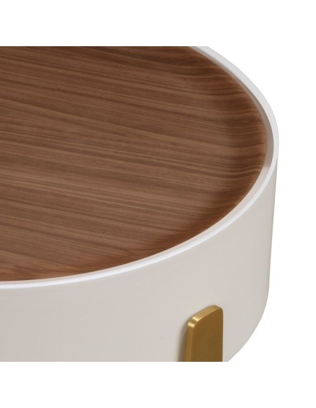 Mesa rincón redonda nogal, madera beige y acero pulido dorado