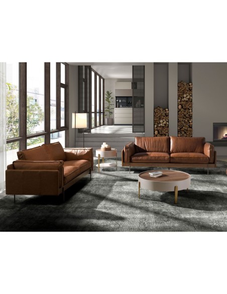 Mesa rincón redonda nogal, madera beige y acero pulido dorado