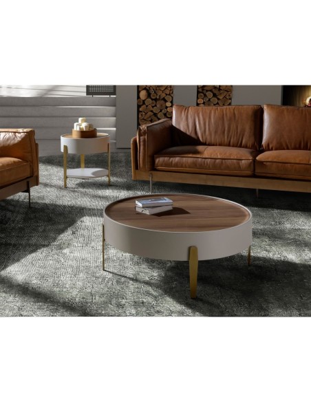 Mesa rincón redonda nogal, madera beige y acero pulido dorado
