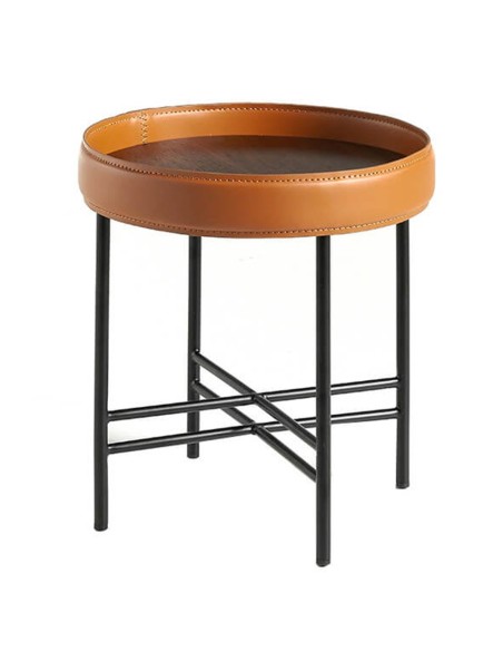Mesa rincón redonda polipiel, nogal y acero negro