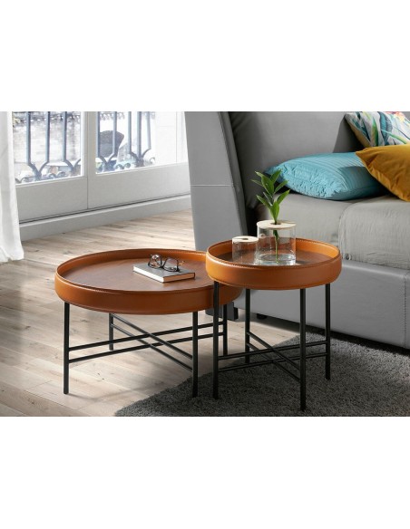 Mesa rincón redonda polipiel, nogal y acero negro