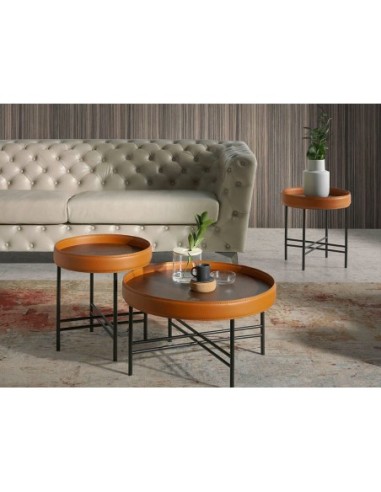 Mesa rincón redonda polipiel, nogal y acero negro