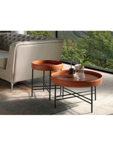 Mesa rincón redonda polipiel, nogal y acero negro