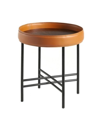 Mesa rincón redonda polipiel, nogal y acero negro