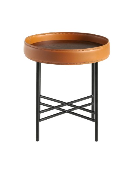 Mesa rincón redonda polipiel, nogal y acero negro