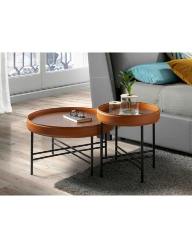 Mesa rincón redonda polipiel, nogal y acero negro