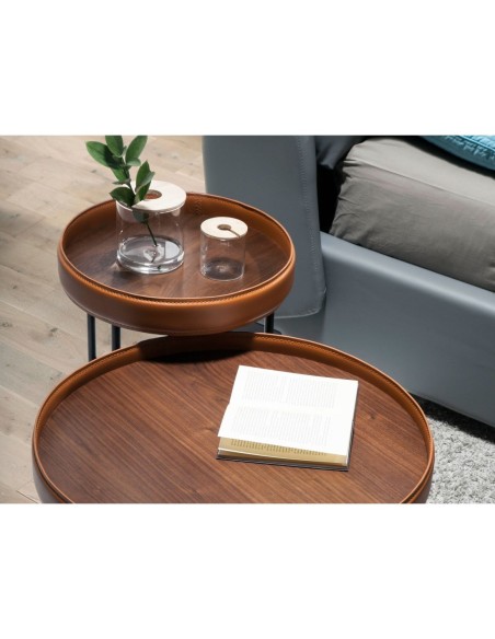 Mesa rincón redonda polipiel, nogal y acero negro