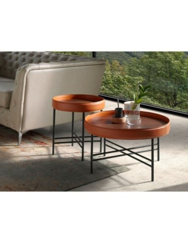 Mesa rincón redonda polipiel, nogal y acero negro