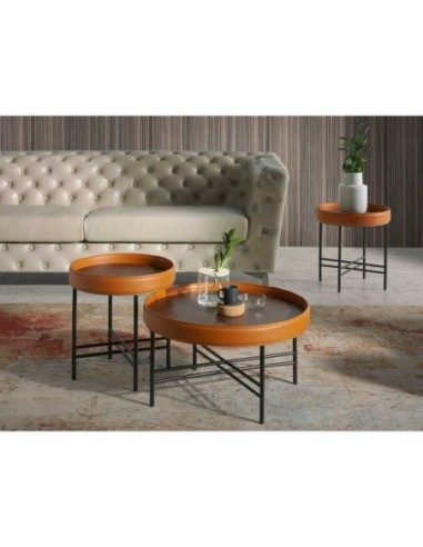 Mesa rincón redonda polipiel, nogal y acero negro