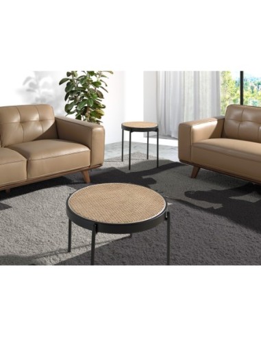 Mesa rincón redonda rattan, madera negra y...