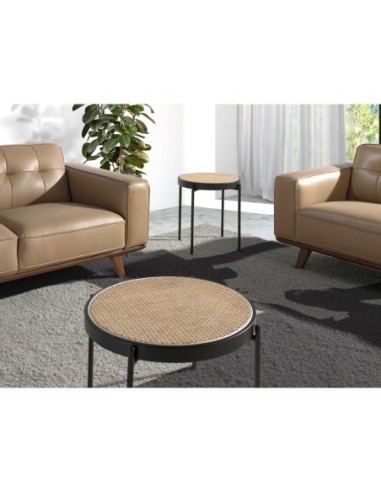 Mesa rincón redonda rattan, madera negra y...