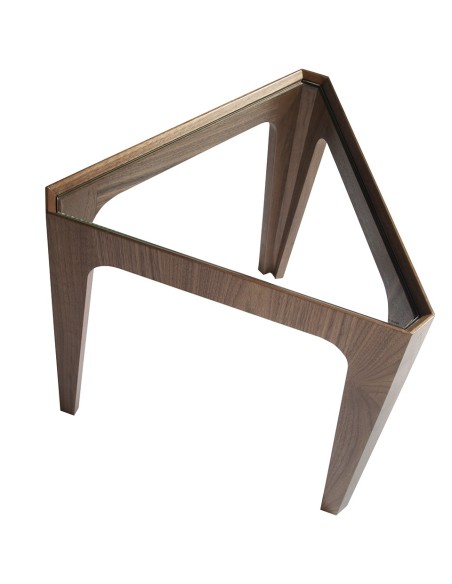 Mesa rincón triangular cristal templado y nogal