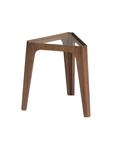 Mesa rincón triangular cristal templado y nogal