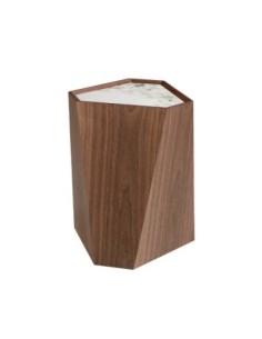 Mesa rincón triangular mármol porcelánico y nogal