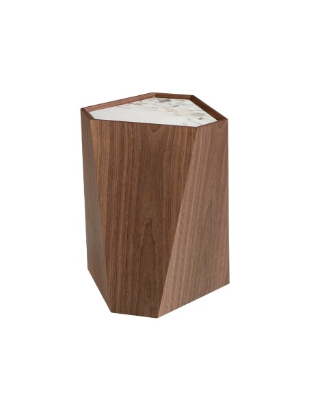 Mesa rincón triangular mármol porcelánico y nogal