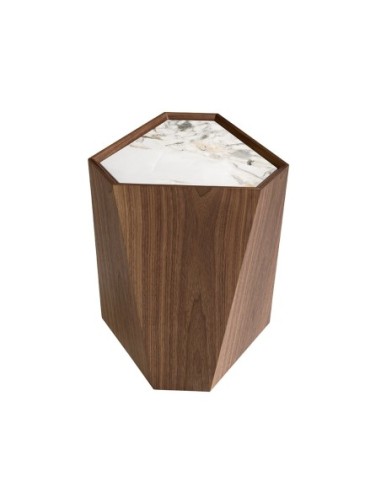 Mesa rincón triangular mármol porcelánico y nogal