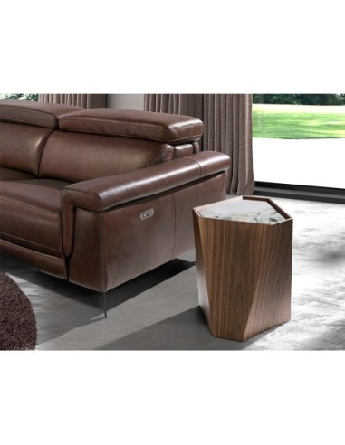 Mesa rincón triangular mármol porcelánico y nogal