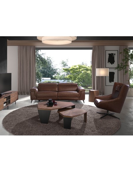 Mesa rincón triangular mármol porcelánico y nogal