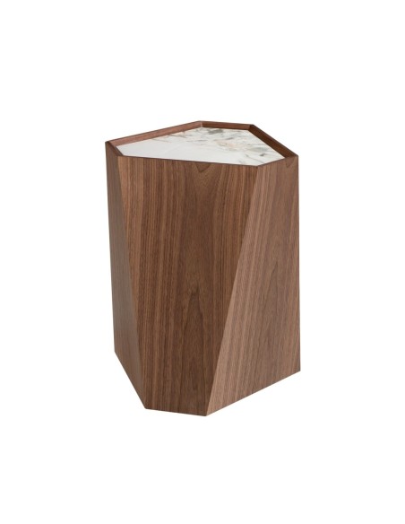 Mesa rincón triangular mármol porcelánico y nogal