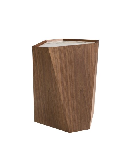 Mesa rincón triangular mármol porcelánico y nogal