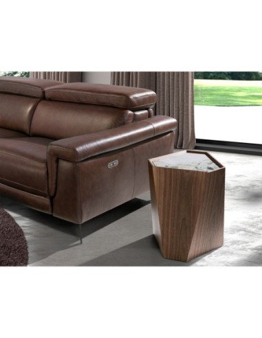 Mesa rincón triangular mármol porcelánico y nogal