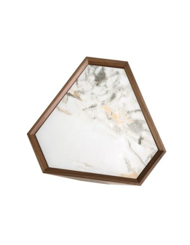 Mesa rincón triangular mármol porcelánico y nogal