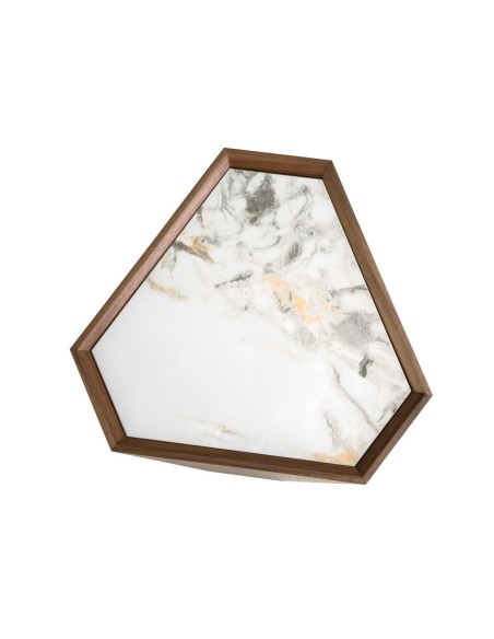 Mesa rincón triangular mármol porcelánico y nogal