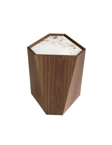 Mesa rincón triangular mármol porcelánico y nogal