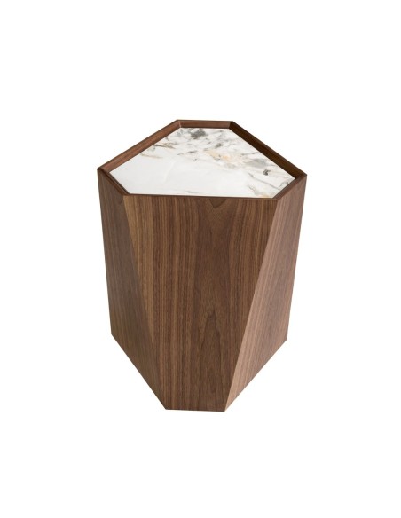 Mesa rincón triangular mármol porcelánico y nogal