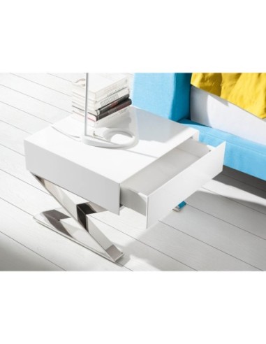 Mesita de noche madera blanca y acero cromado